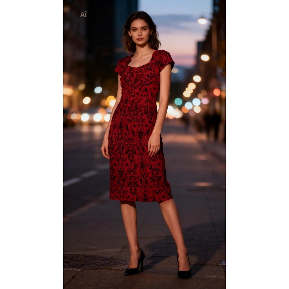 Shelby & Palmer Red/Black Velvet Floral Sheath Square Neck Knee Dress 6